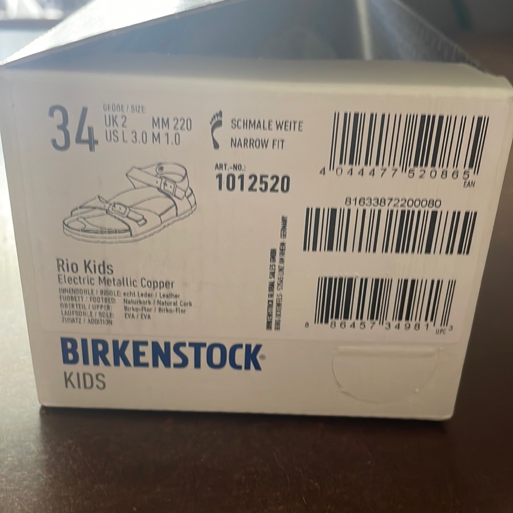 Brand new Birkenstock Rio Kids, size 3, electric metallic copper. Never worn.